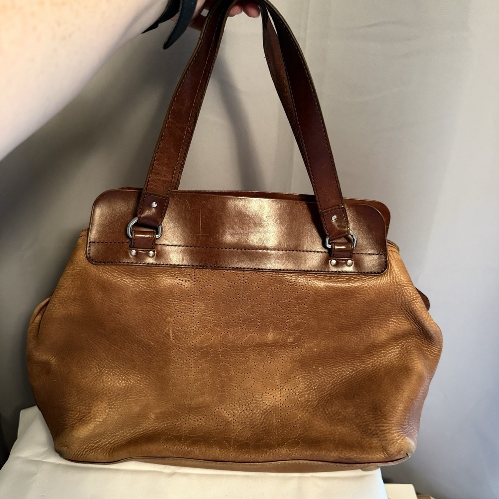 Orla Kiely Vintage Leather Shoulder Top Handle Bag Purse Brown Floral Detail